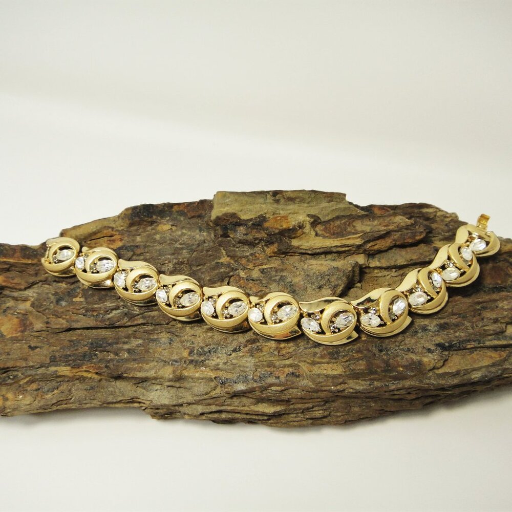 Crown Trifari Rhinestone Bracelet Gold Tone Mid Century Vintage 50s - 60s